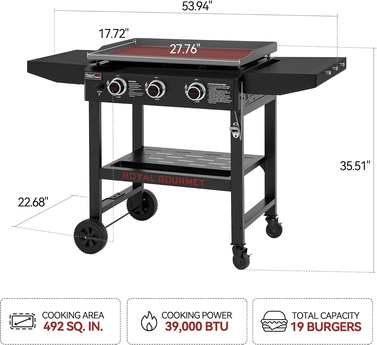 GB3000H 28-Inch 3-Burner Propane Gas Griddle in Black, Griddle with Collapsible Side Shelves, 492 Sq. In. Cooking Area, Perfect for Outdoor Cooking like Camping or Tailgating, Black