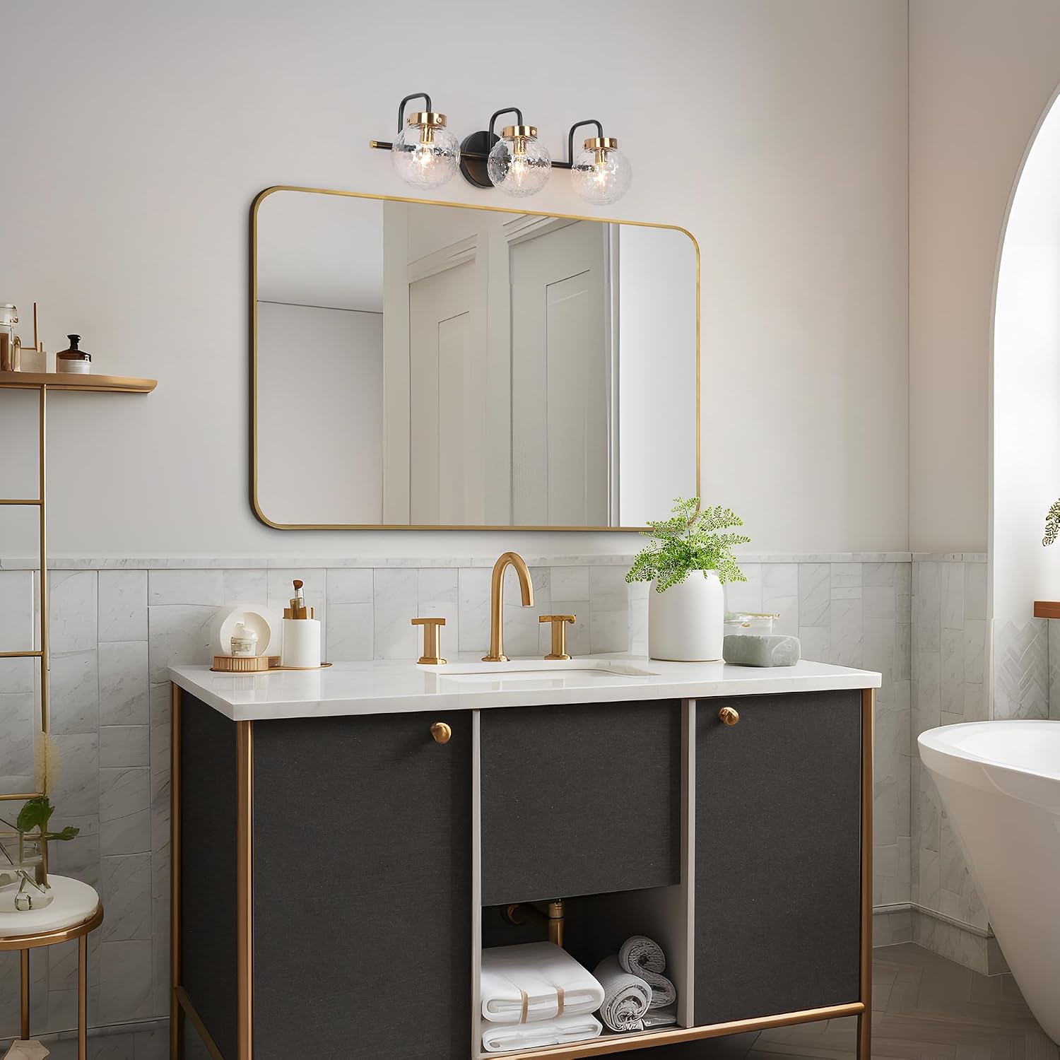 KSANA Black Bathroom Vanity Light Fixtures, Modern Farmhouse 3-Light Black Gold Vanity Lighting with Textured Glass Over Mirror