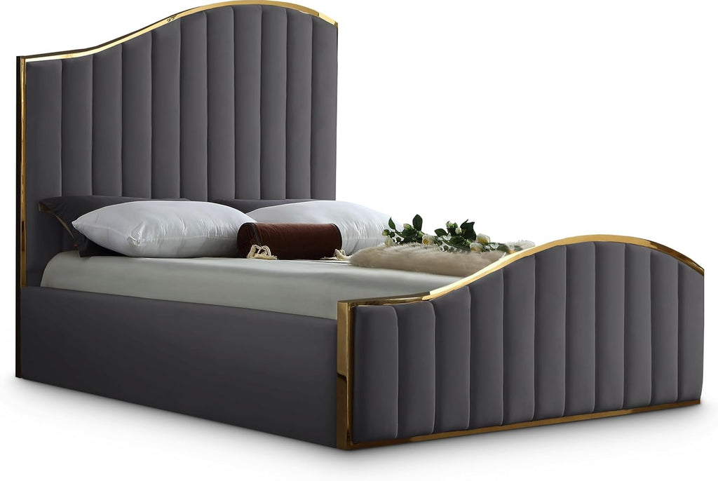 Meridian Furniture Jolie Collection Modern | Contemporary Velvet Upholstered Bed With Channel Tufting, And Polished Gold Metal Frame, Grey, King
