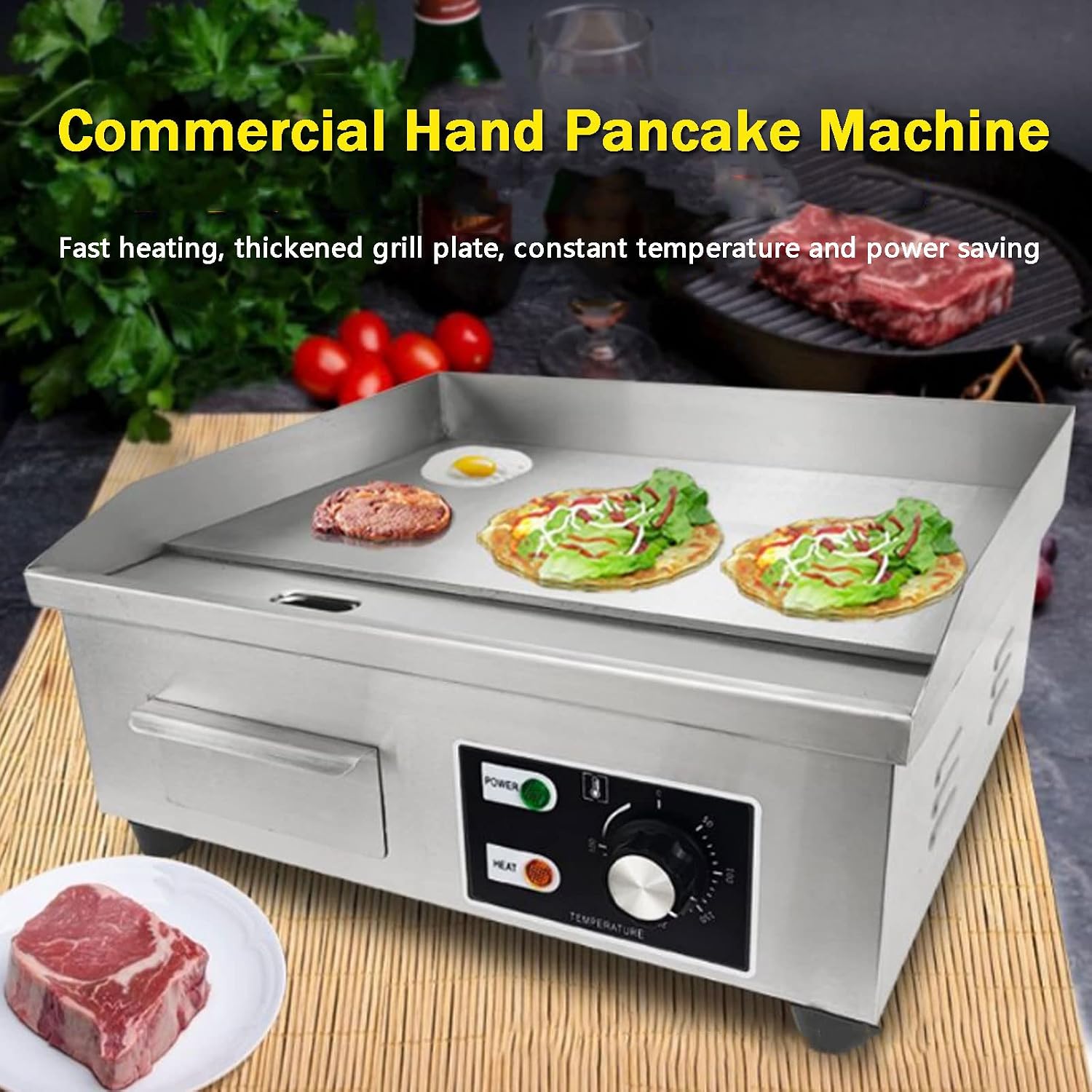 Electric Commercial Griddle Plate, 2500W Electric Countertop Flat Top Griddle with Adjustable Thermostat Removable Oil Drawer Splash Guards, Stainless Steel Restaurant Grill for Kitchen