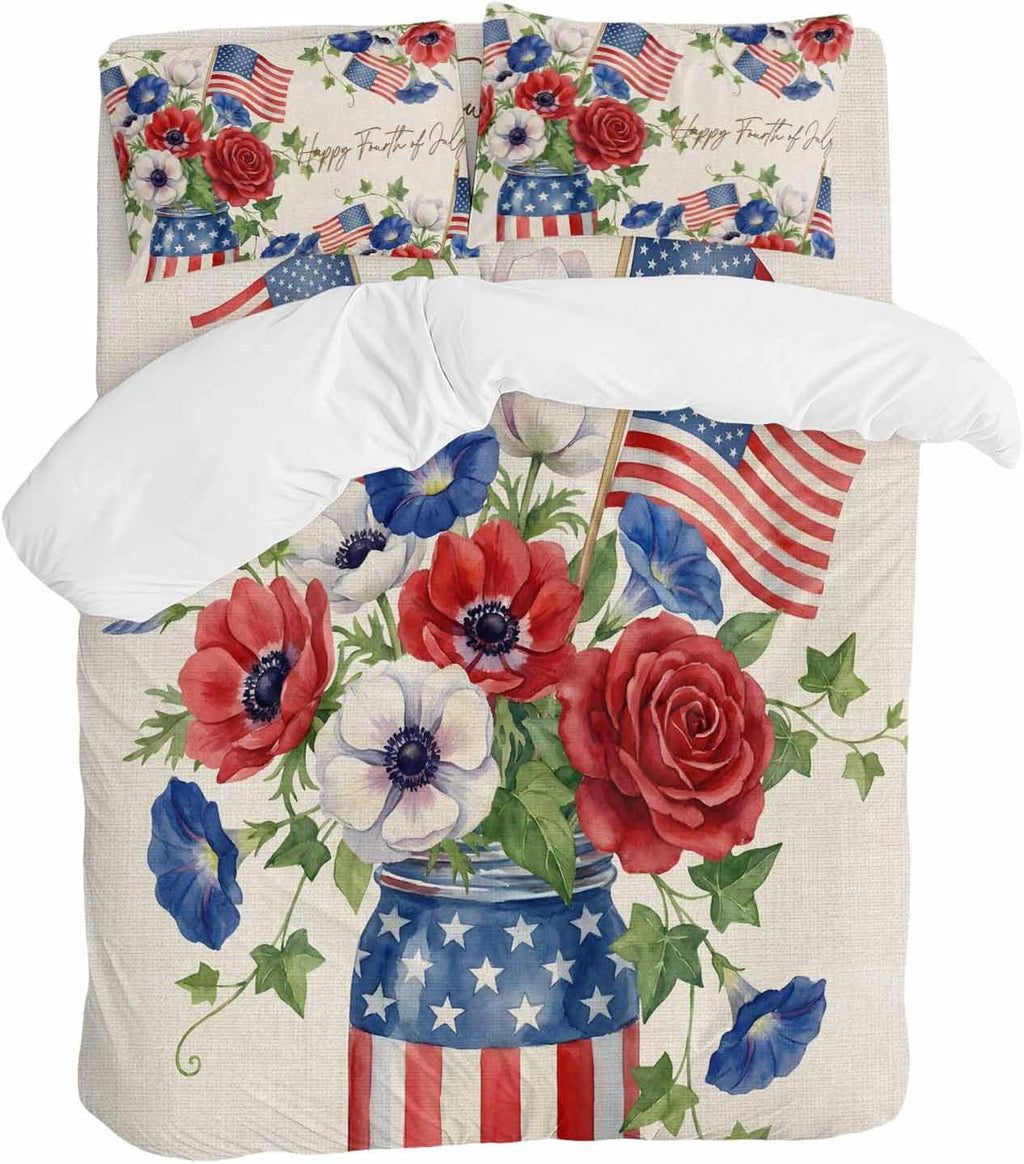 Happy Independence Day Duvet Cover Set Queen Size 4 Pieces U. S. Flag Flowers White Five-Pointed Stars Bedding Set with Zipper Closure, 1 Comforter Cover 86x86 Inches 1 Flat Sheet & 2 Pillow Cases