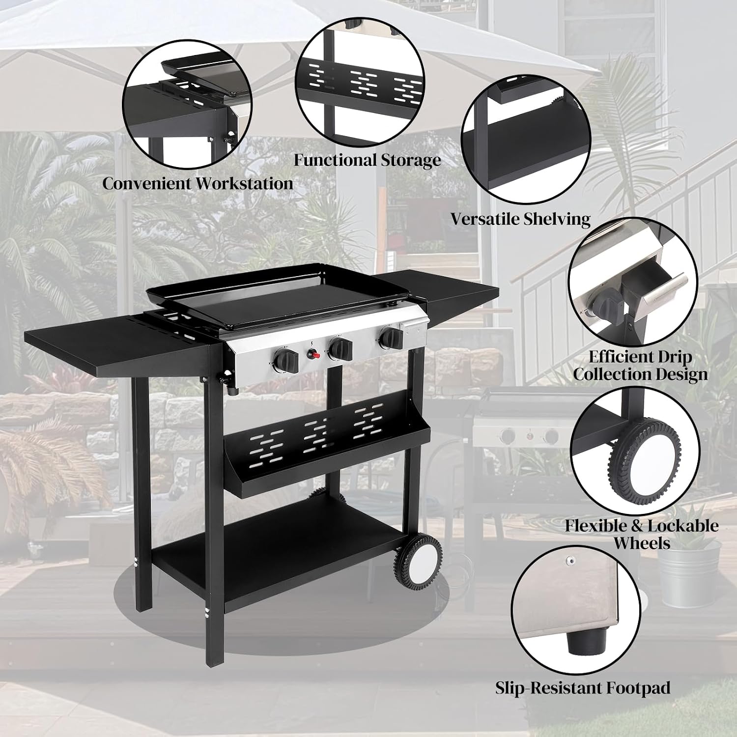 Flat Top Grill with Ceramic Coated Pan, 3 Burner Propane Griddle Station with Rear Grease Management, 30,000 BTU Gas Griddle with 2 Shelves for Outdoor Cooking, Backyard