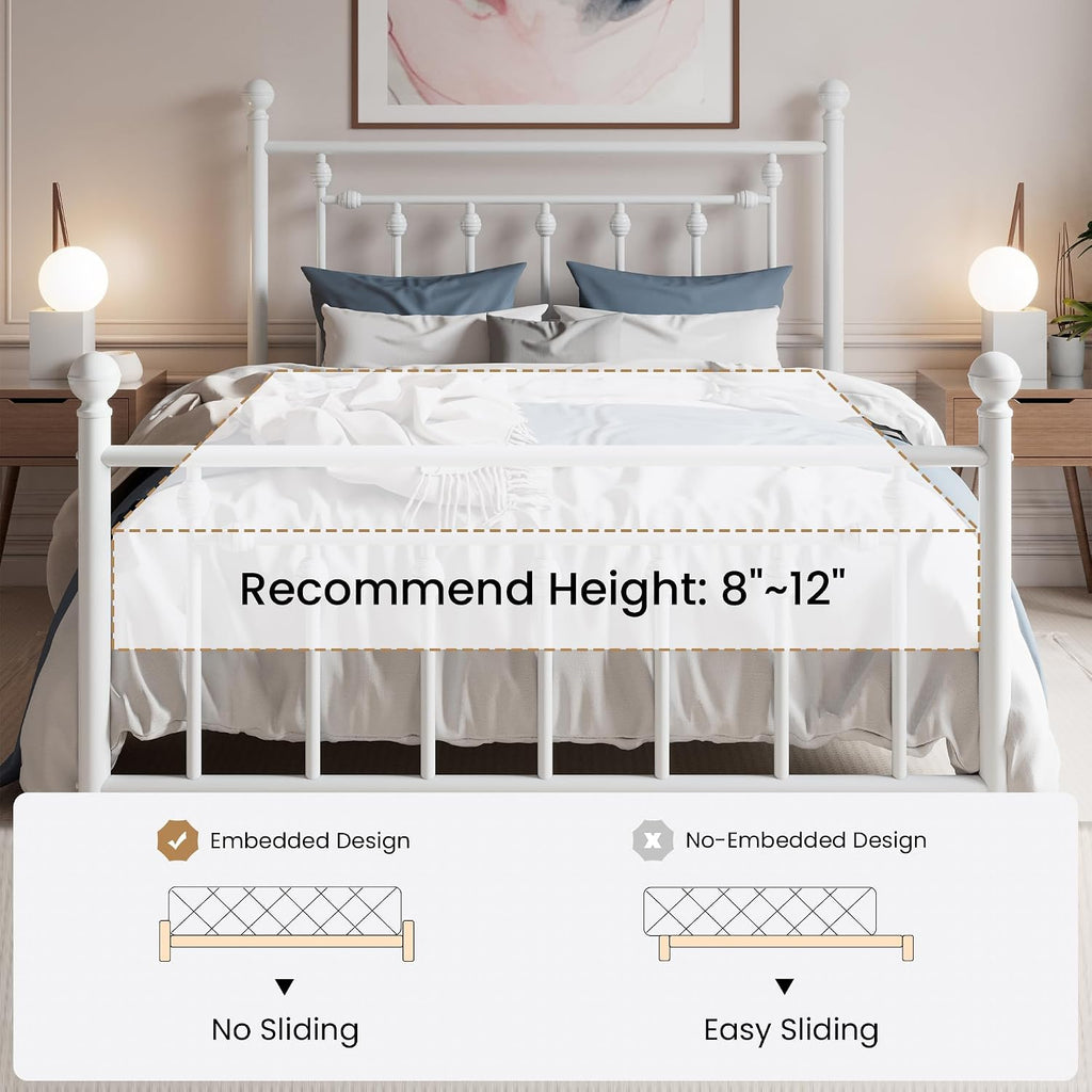 SHA CERLIN 14' Full Size Metal Platform Bed Frame/Victorian Headboard and Footboard/Steel Slats Mattress Foundation for Storage/No Box Spring Needed/Noise Free/White