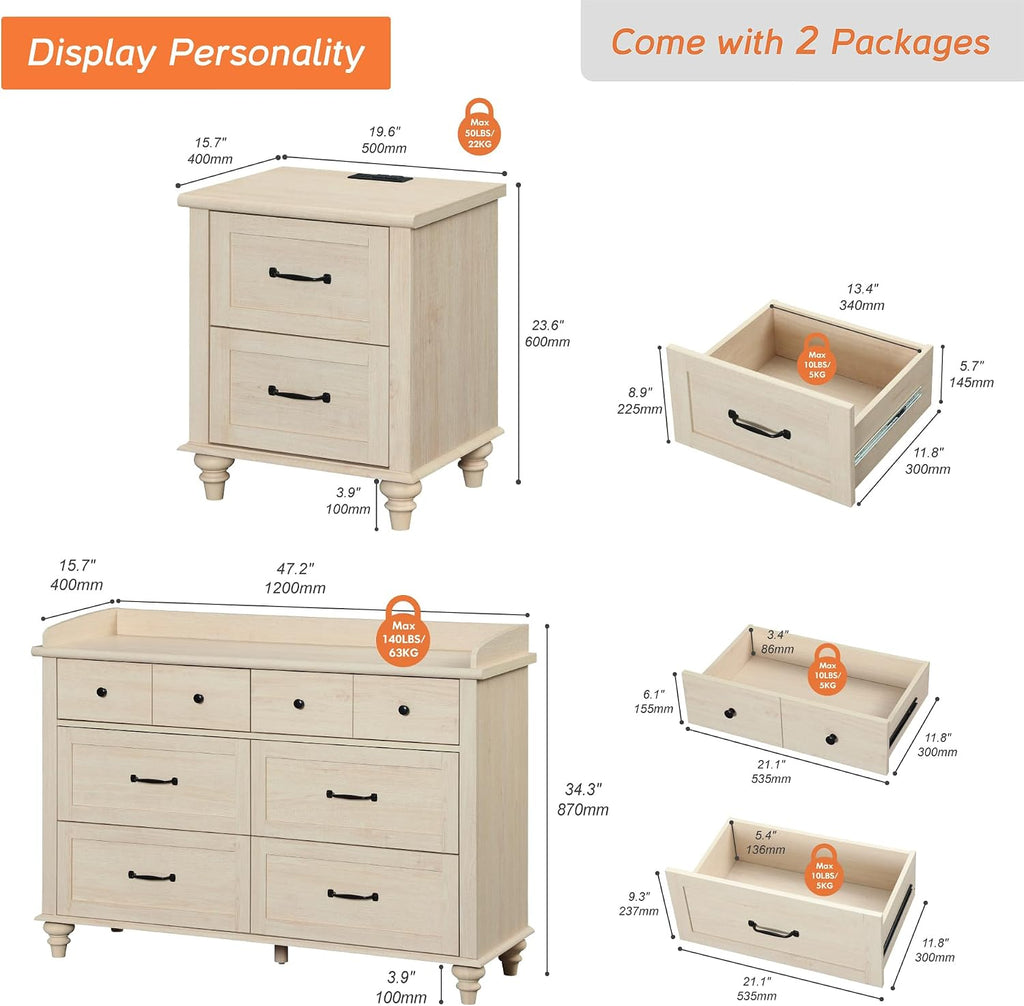 WAMPAT 2 Piece Bedroom Set - Includes 6 Drawer Dresser for Bedroom, Mid Century Nightstand with Charging Station & Drawers, 2 Piece Dresser and Nightstand Sets, Beige