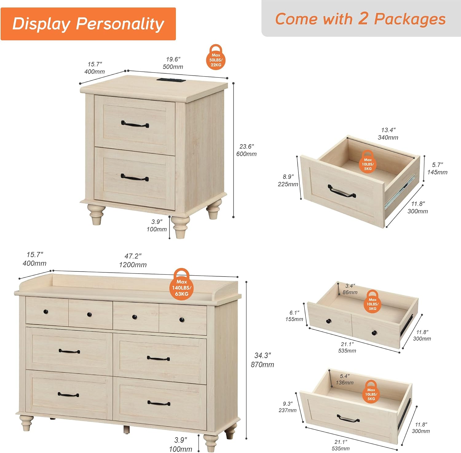 WAMPAT 2 Piece Bedroom Set - Includes 6 Drawer Dresser for Bedroom, Mid Century Nightstand with Charging Station & Drawers, 2 Piece Dresser and Nightstand Sets, Beige