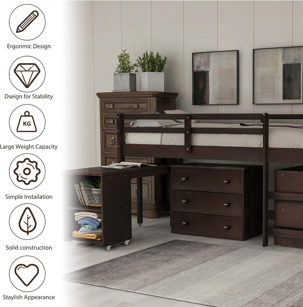 Bellemave Low Loft Bed Wood Loft Bed Frame with Storage Cabinet and Rolling Portable Desk for Kids and Teen, Boys, Girls, Twin,Espresso