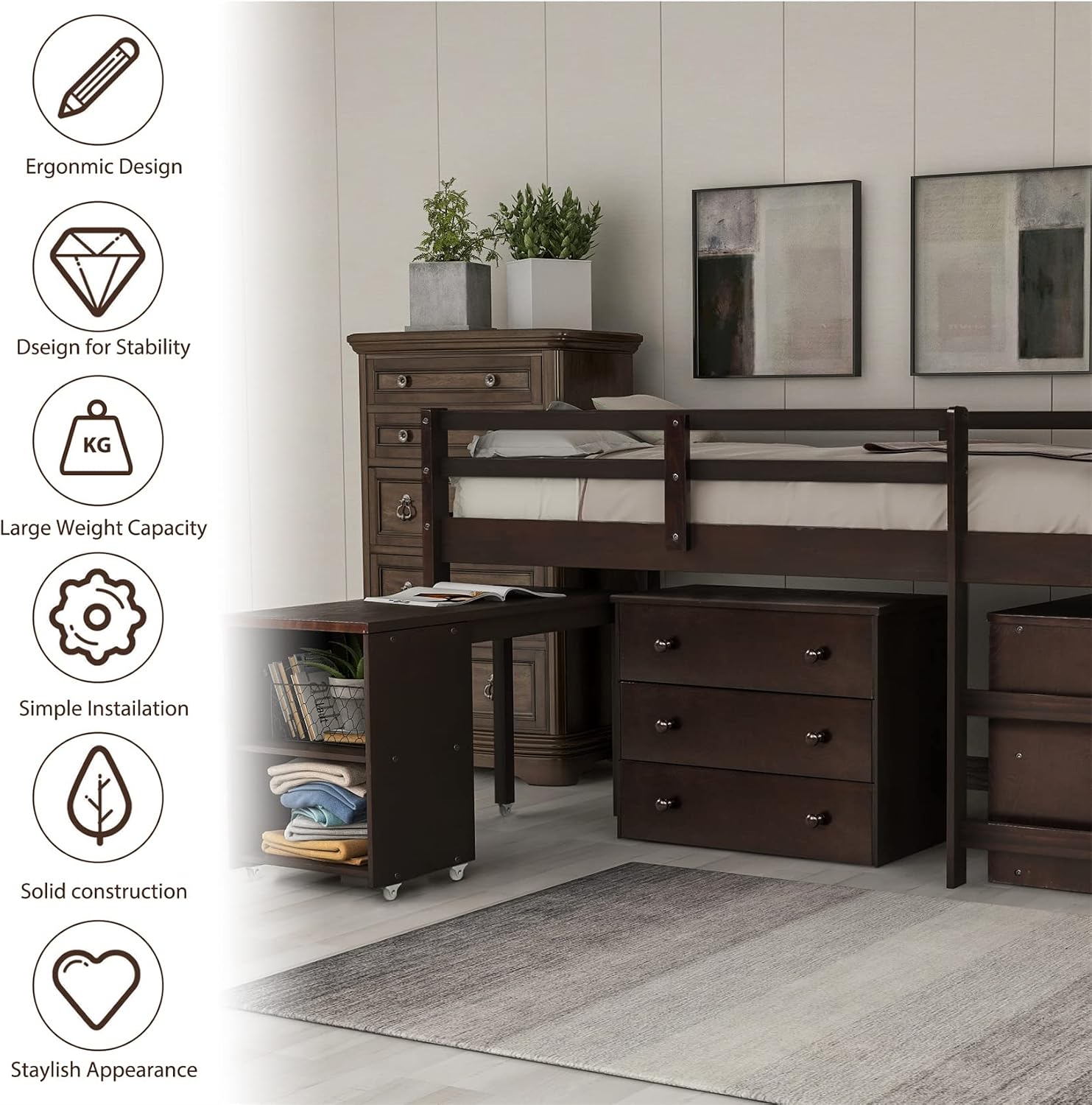Bellemave Low Loft Bed Wood Loft Bed Frame with Storage Cabinet and Rolling Portable Desk for Kids and Teen, Boys, Girls, Twin,Espresso