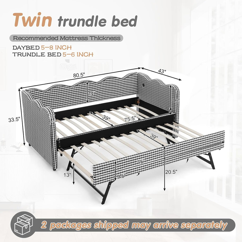 Twin to King Daybed with Trundle, USB Ports Soft Upholstered Daybed with Pop Up Trundle Bed Twin , Modern Extendable Day Bed Frame for Kids Bedroom Living Room Guest Room Small Places Geometric Black