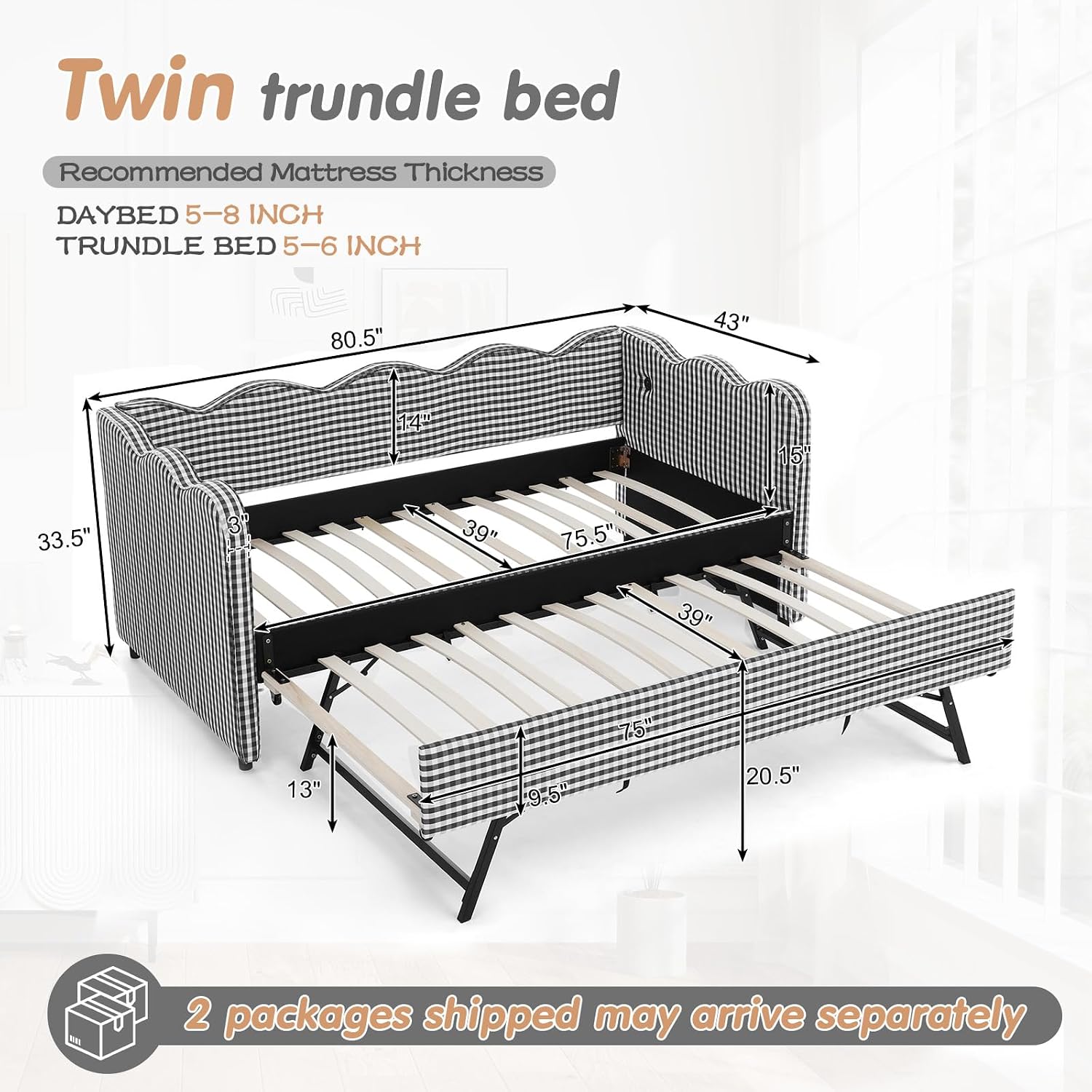 Twin to King Daybed with Trundle, USB Ports Soft Upholstered Daybed with Pop Up Trundle Bed Twin , Modern Extendable Day Bed Frame for Kids Bedroom Living Room Guest Room Small Places Geometric Black