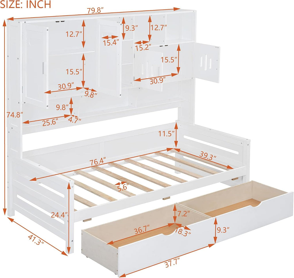 Merax Twin Size Wooden Daybed with 2 Drawers & Bookcase Headboard, and All-in-One Storage Cabinet and Shelf, White