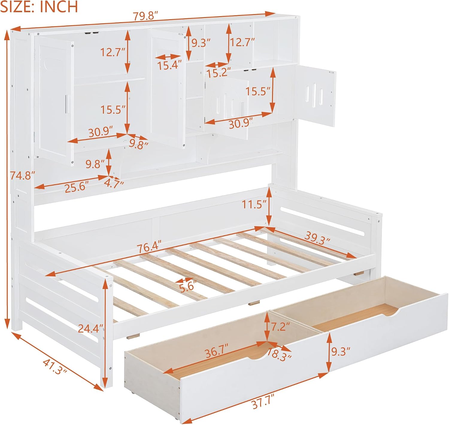 Merax Twin Size Wooden Daybed with 2 Drawers & Bookcase Headboard, and All-in-One Storage Cabinet and Shelf, White