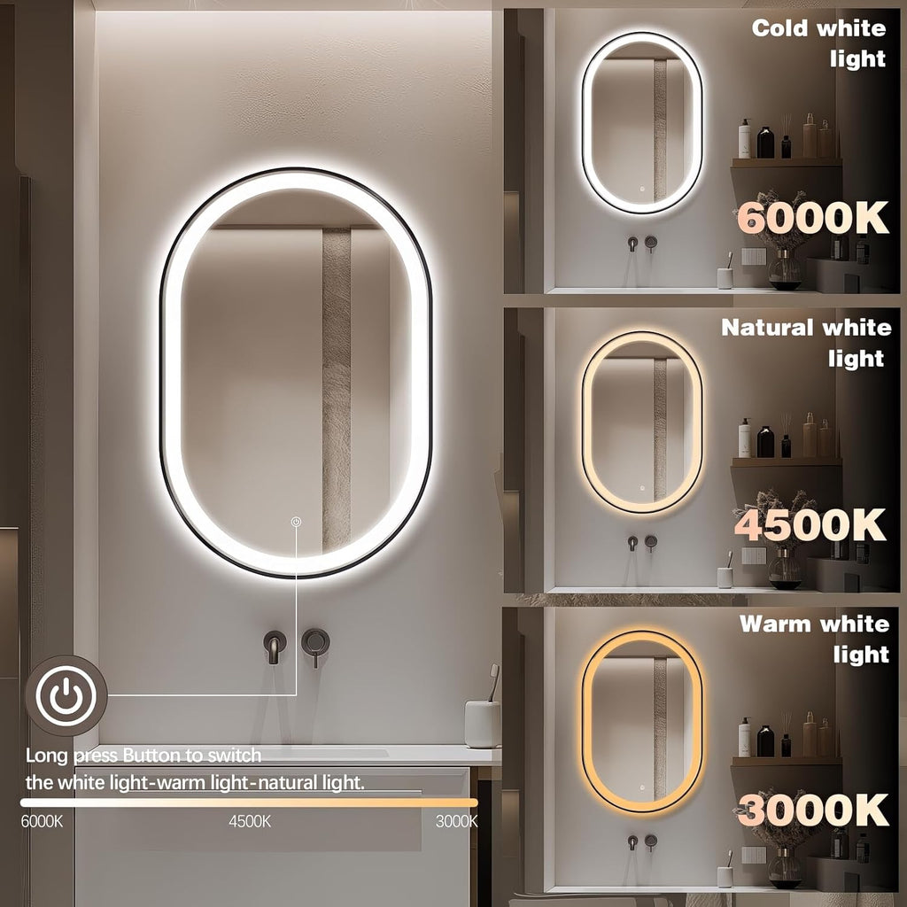 36'x24' Oval LED Bathroom Mirror with Lights, Black Lighted Vanity Mirror Wall Mounted, Anti Fog LED Oval Mirror with 3 Colors, Memory, ShatterProof, Front/Backlit, Horizontal/Vertical