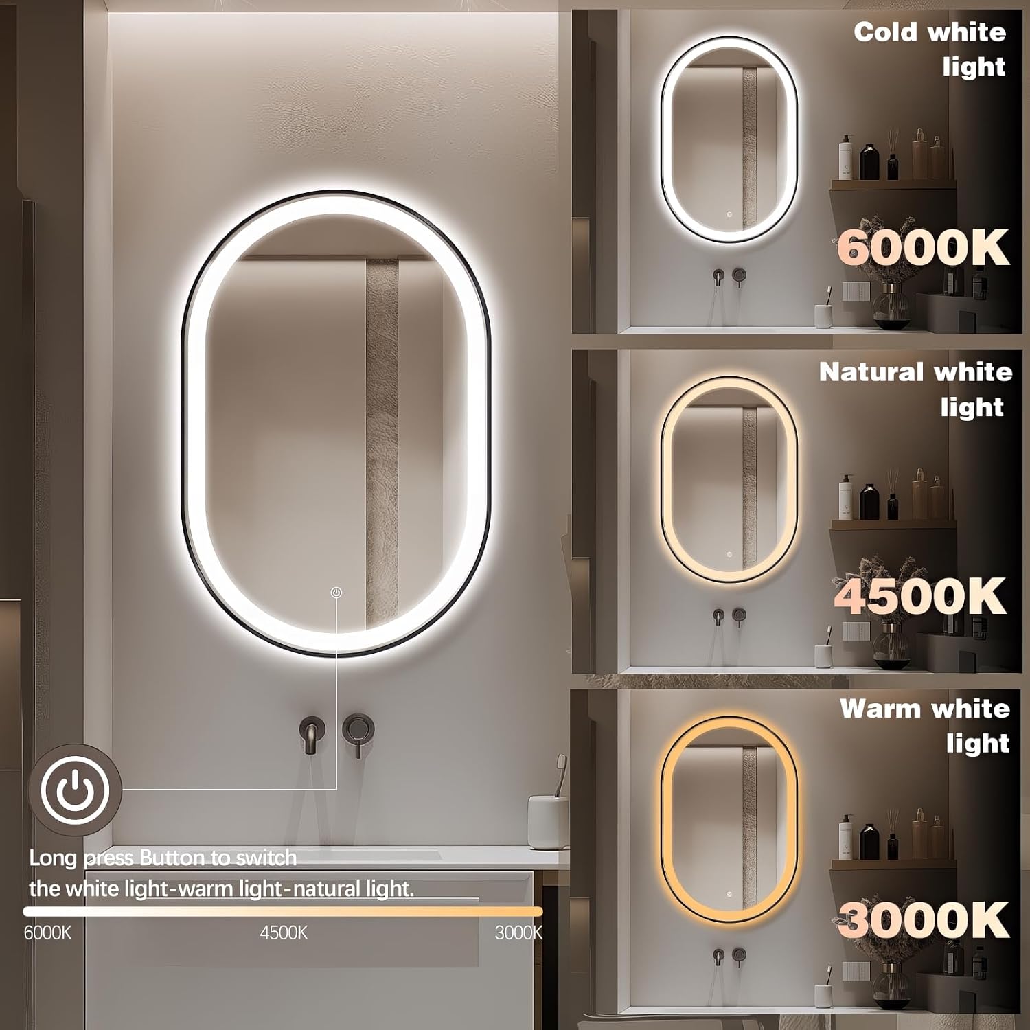36'x24' Oval LED Bathroom Mirror with Lights, Black Lighted Vanity Mirror Wall Mounted, Anti Fog LED Oval Mirror with 3 Colors, Memory, ShatterProof, Front/Backlit, Horizontal/Vertical