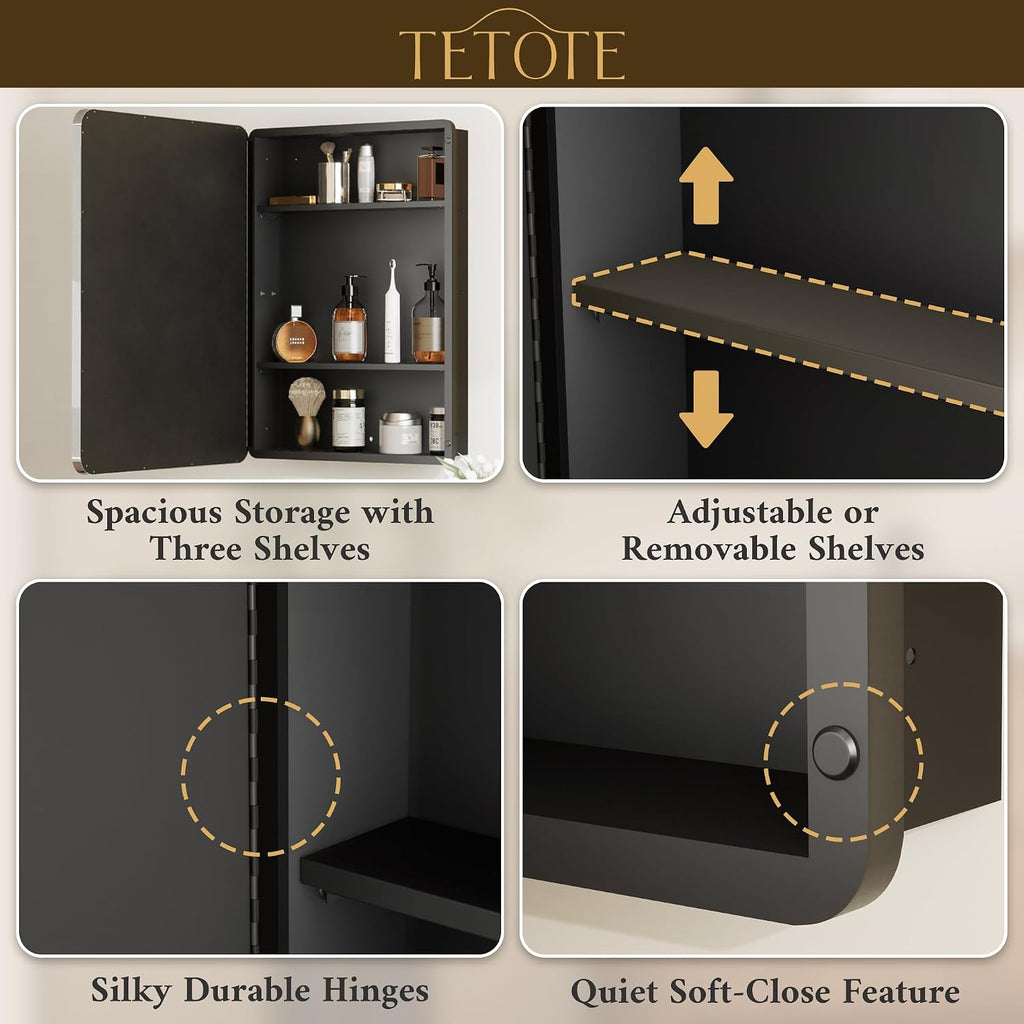 TETOTE 24 X 32 Medicine Cabinet Mirror Polished Chrome Stainless Steel Framed Bathroom Mirror Cabinet with Adjustable Shelves Recessed Mounted/Surface Mounted Medicine Cabinet with Mirror