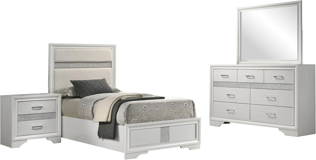 Coaster Home Furnishings Miranda Contemporary 4-Piece Bedroom Set Fabric Upholstered Twin Size Panel Bed Frame 54-inch Headboard White 205110T-S4
