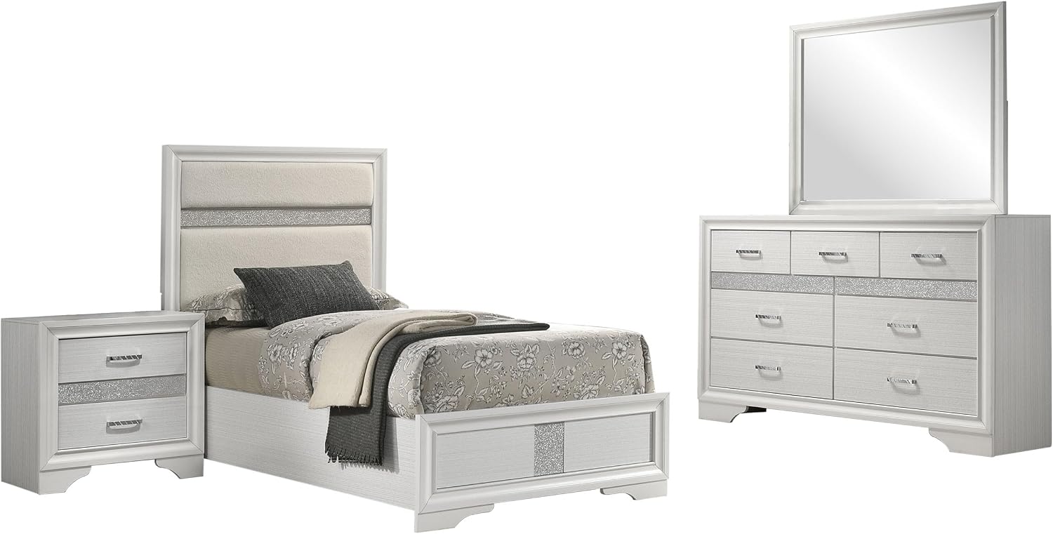 Coaster Home Furnishings Miranda Contemporary 4-Piece Bedroom Set Fabric Upholstered Twin Size Panel Bed Frame 54-inch Headboard White 205110T-S4