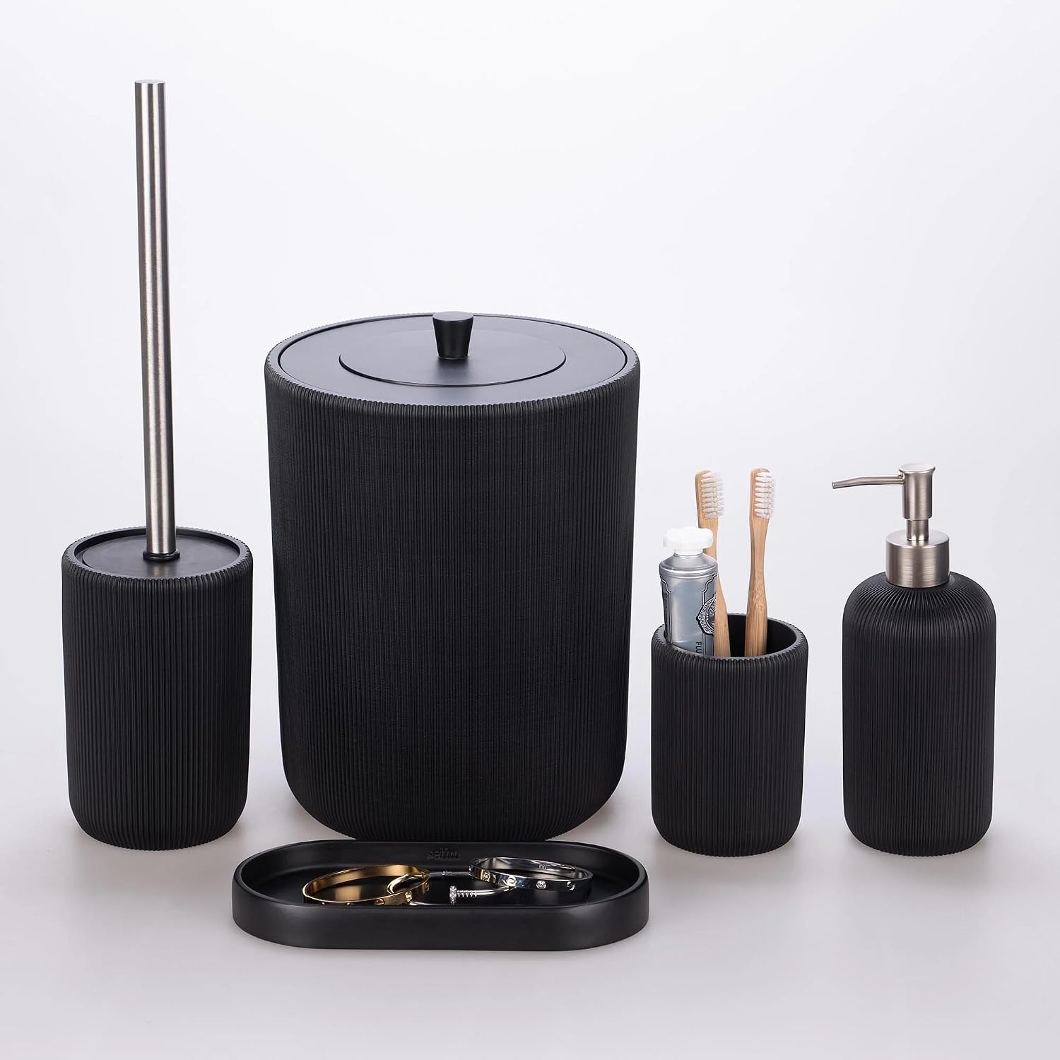 Lydia Collection 5-Piece Resin Bathroom Accessories Set – Toilet Brush Holder, Waste Bin, Soap Dispenser, Tray & Toothbrush Holder (Black)