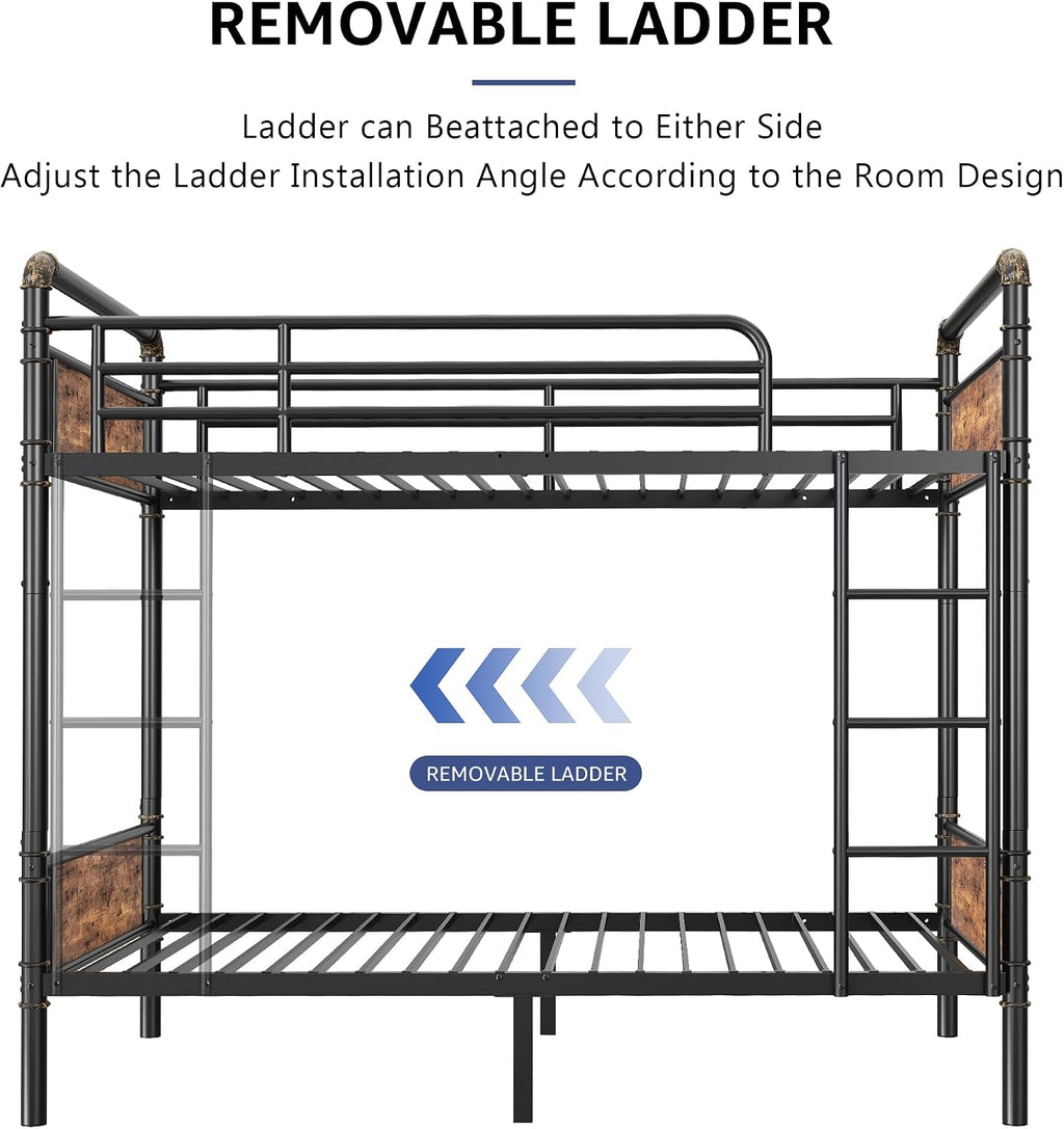 Jocoevol Metal Bunk Bed Twin Over Twin, Industrial Bunkbeds Heavy Duty Bed with Safety Guard Rails and Space-Saving Design, Steel Bed for School, Bedroom (Vintage Brown)