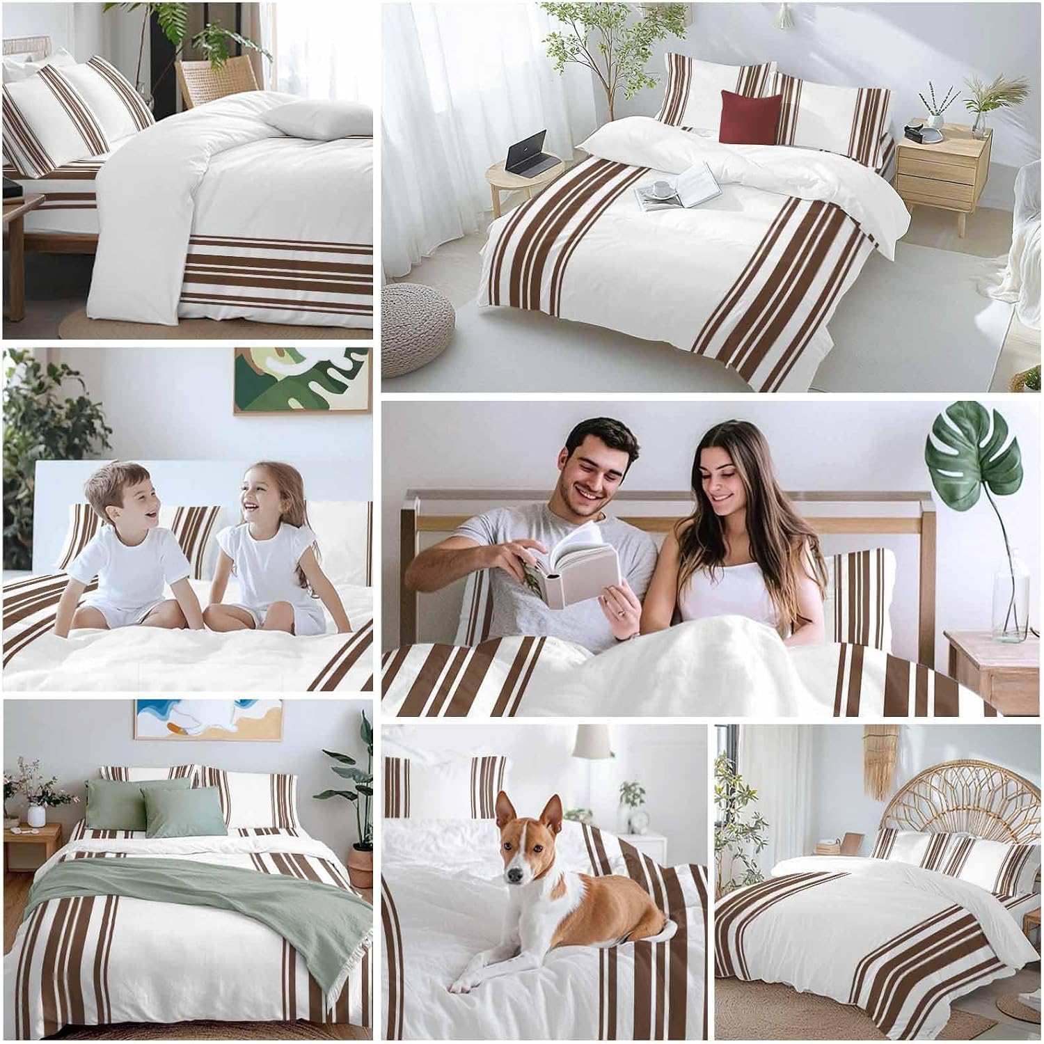 Dark Brown and White Striped Duvet Cover Set Queen Size 4 Pieces Modern Minimalist Vertical Lines Bedding Set with Zipper Closure, 1 Comforter Cover 92x106 Inches 1 Flat Sheet & 2 Pillow Cases