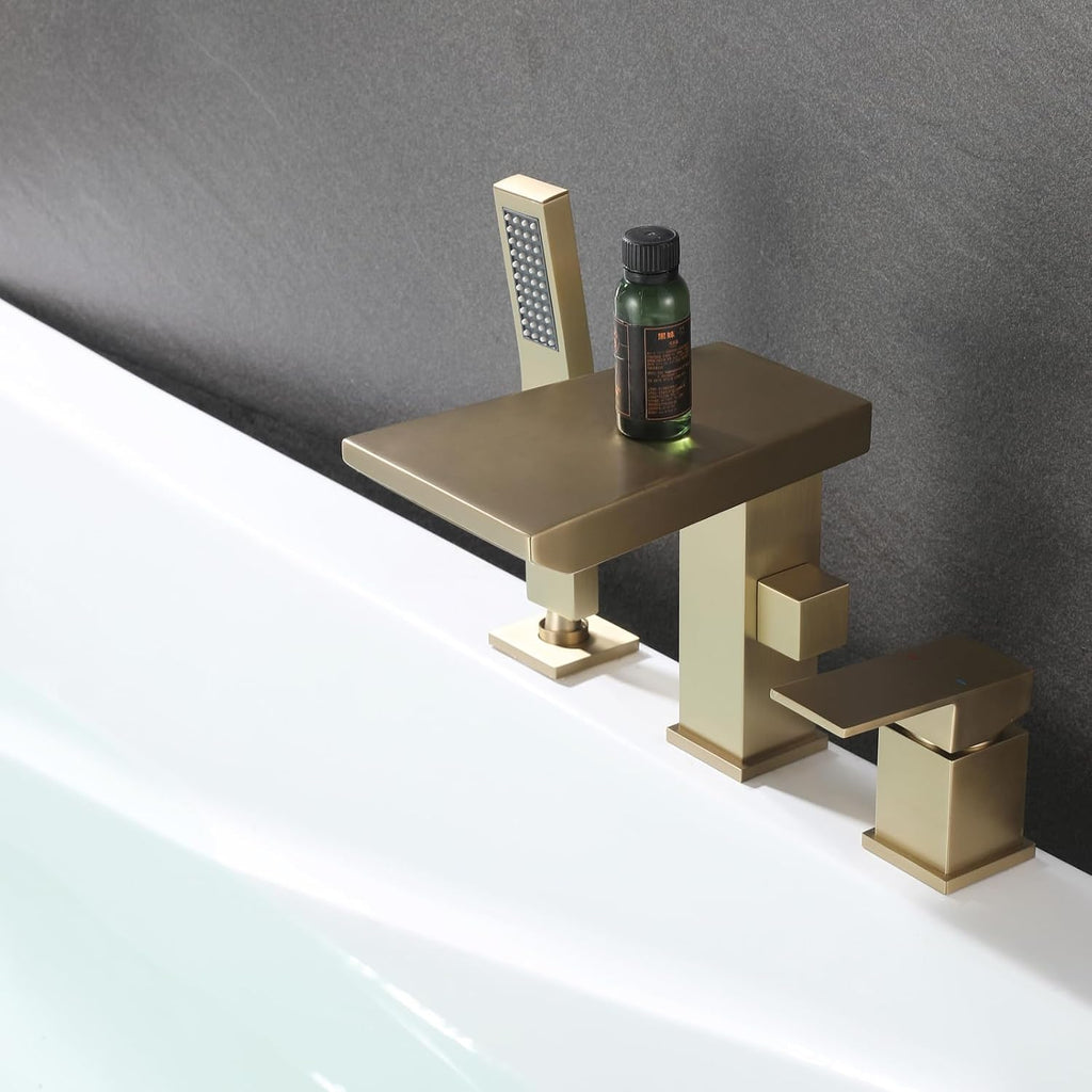 Waterfall Roman Tub Faucet with Hand Shower, Deck Mount Tub Filler Bathtub Faucet with Sprayer, Brass Widespread 3 Hole Bathtub Shower Faucet Set, Brushed Gold