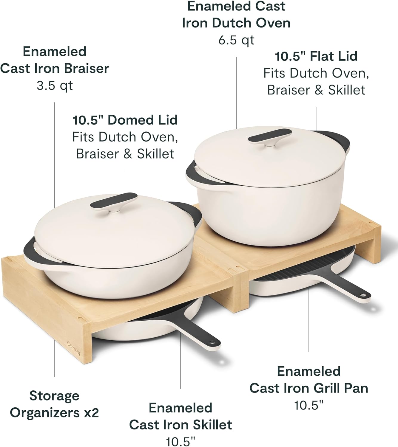 Caraway 8-Piece Enameled Cast Iron Set - 10.5' Skillet, Grill Pan, 3.5 qt Braiser Pan, 6.5 qt Dutch Oven with Lid and Organizers - Non-Toxic 3-Layer Enamel Coating - No Seasoning Required - Cream
