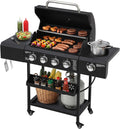 TITIMO 4 Burner Propane Gas Grill with Side Burner and Stainless Steel Grates, Portable Barbecue Grill with Side Table and Spice Rack, Outdoor Gas BBQ with Thermometer for Patio and Party, 50,000 BTU