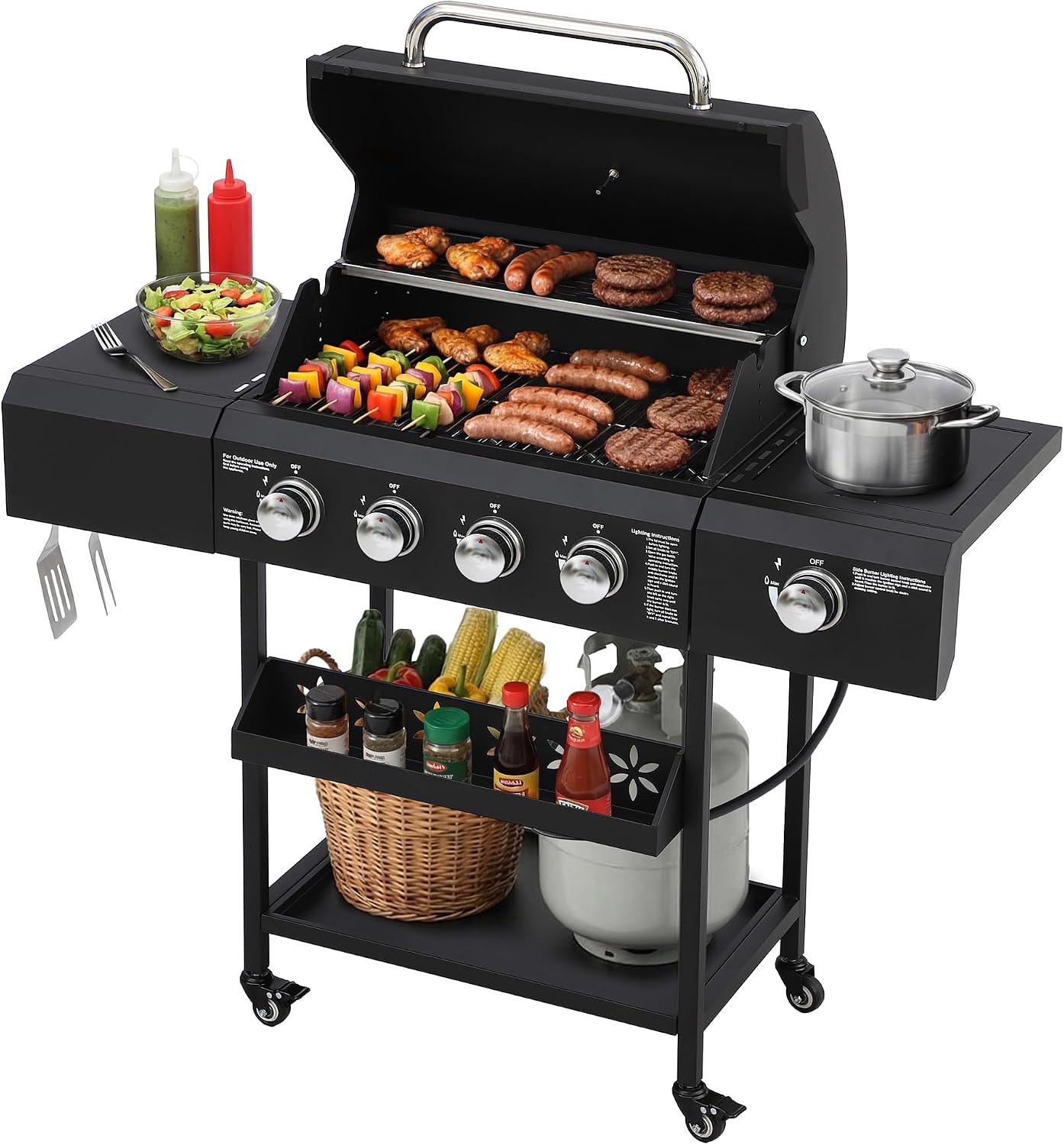 TITIMO 4 Burner Propane Gas Grill with Side Burner and Stainless Steel Grates, Portable Barbecue Grill with Side Table and Spice Rack, Outdoor Gas BBQ with Thermometer for Patio and Party, 50,000 BTU