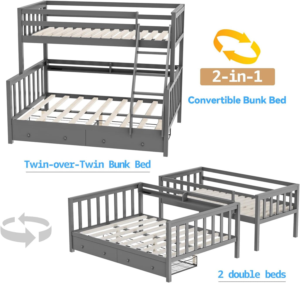 FJTJBSI Solid Wood Bunk Bed with Charging Station and LED Lights Detachable Bunk Bed Twin Over Twin with 2 Storage Drawers Full Size Bed Frame with Guardrail and Ladder for Kids Adults Bedroom