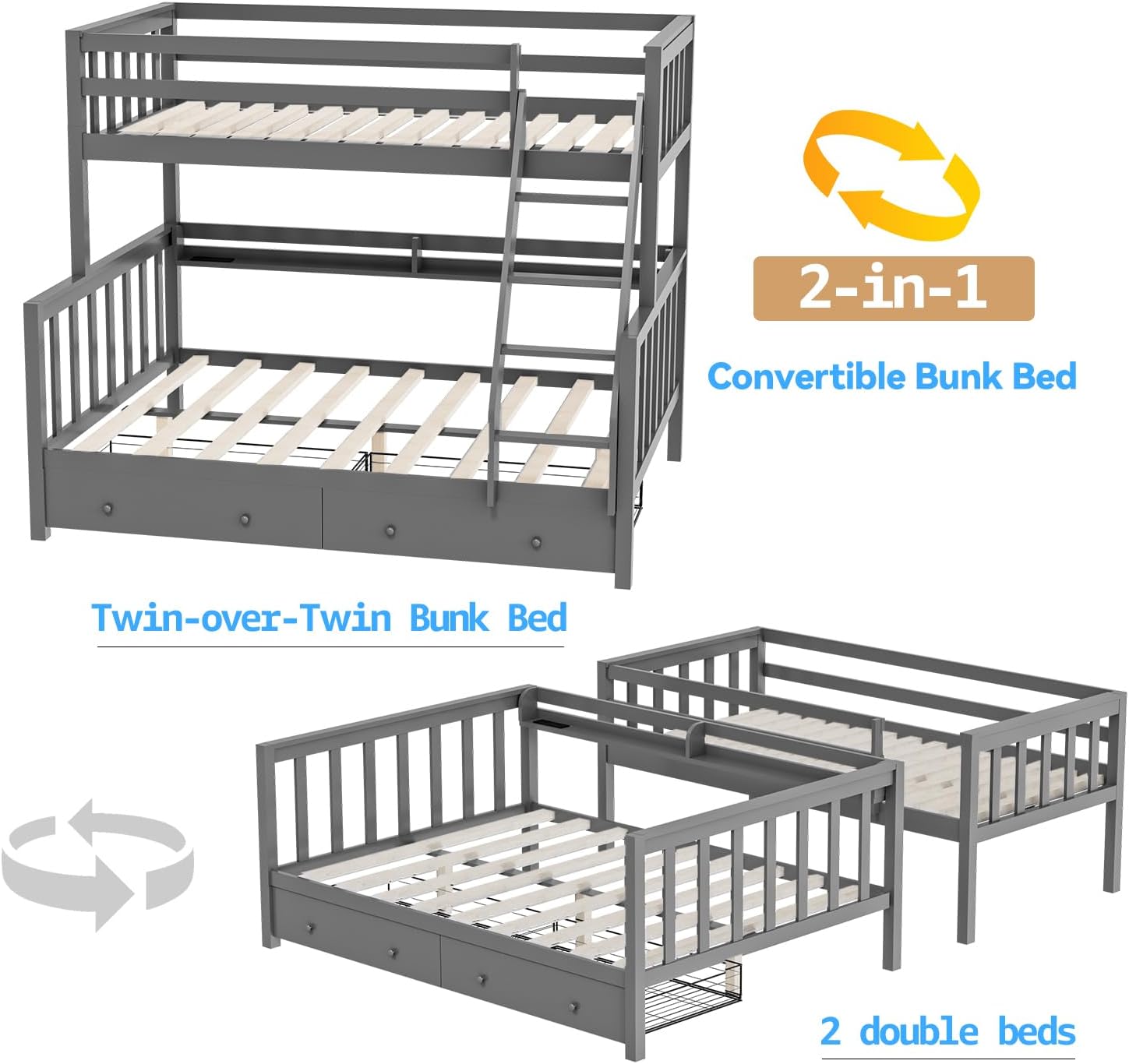 FJTJBSI Solid Wood Bunk Bed with Charging Station and LED Lights Detachable Bunk Bed Twin Over Twin with 2 Storage Drawers Full Size Bed Frame with Guardrail and Ladder for Kids Adults Bedroom