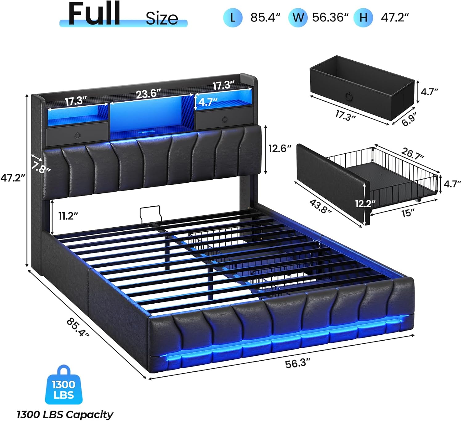 DICTAC Full Bed Frames with Storage Headboard and 2 Large Drawers, Gaming Bed with RGB Lights and Charging Station, Leather Upholstered Platform Bed, Esports-Style Bed, No Box Spring Needed, Black