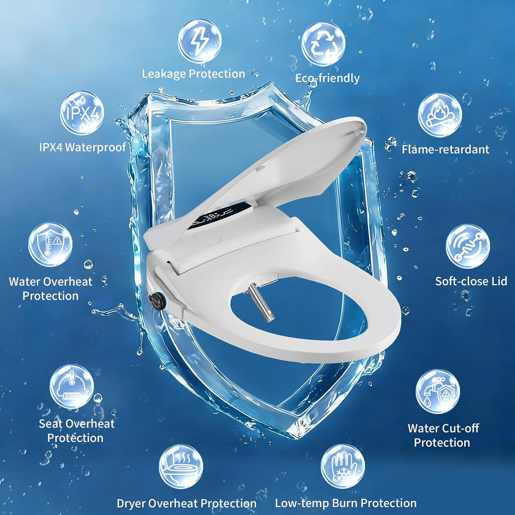 Electric Bidet Toilet Seat Elongated, Instant Warm Water Heated Wash, Self-Cleaning Nozzle, 5X Drying, Anti-Yellowing Quiet Soft Close Lid, Luxury Smart Bidet for Villa&Family, Easy DIY Install