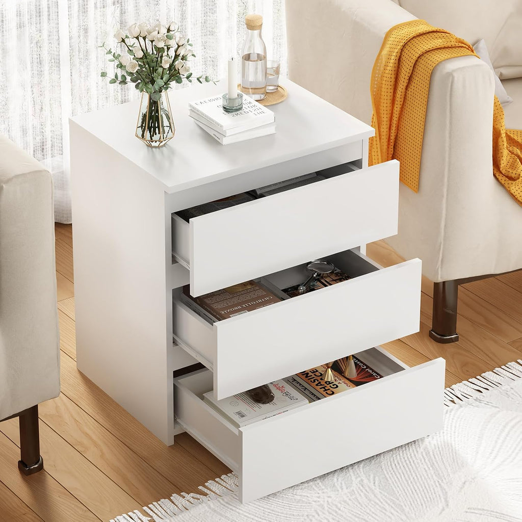 3-Drawer Nightstand & Side Storage Table, Minimalist Modern White Bedside End Tables with Ample Storage, Versatile Wooden Chest of Drawers for Bedroom, Living Room, Offices (Set of 2)