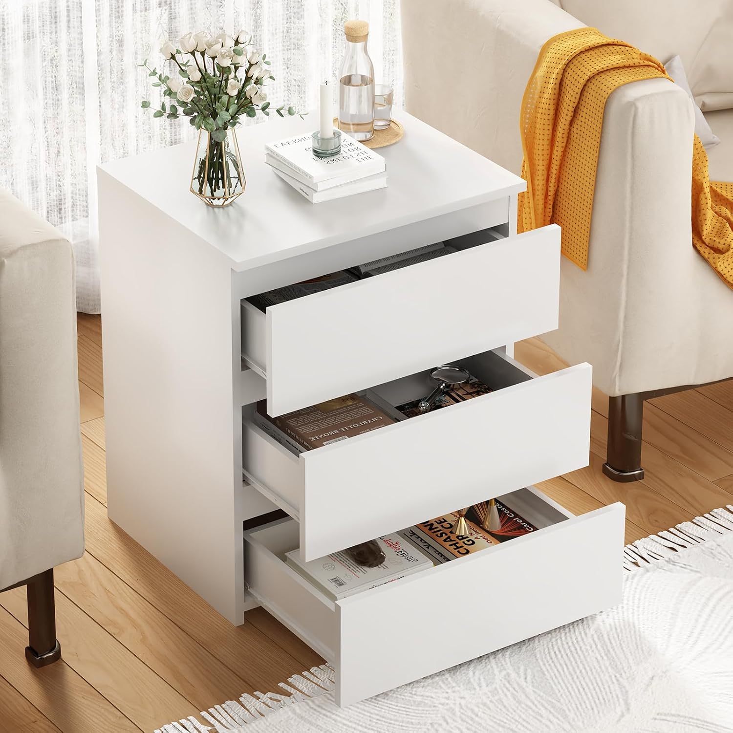 3-Drawer Nightstand & Side Storage Table, Minimalist Modern White Bedside End Tables with Ample Storage, Versatile Wooden Chest of Drawers for Bedroom, Living Room, Offices (Set of 2)