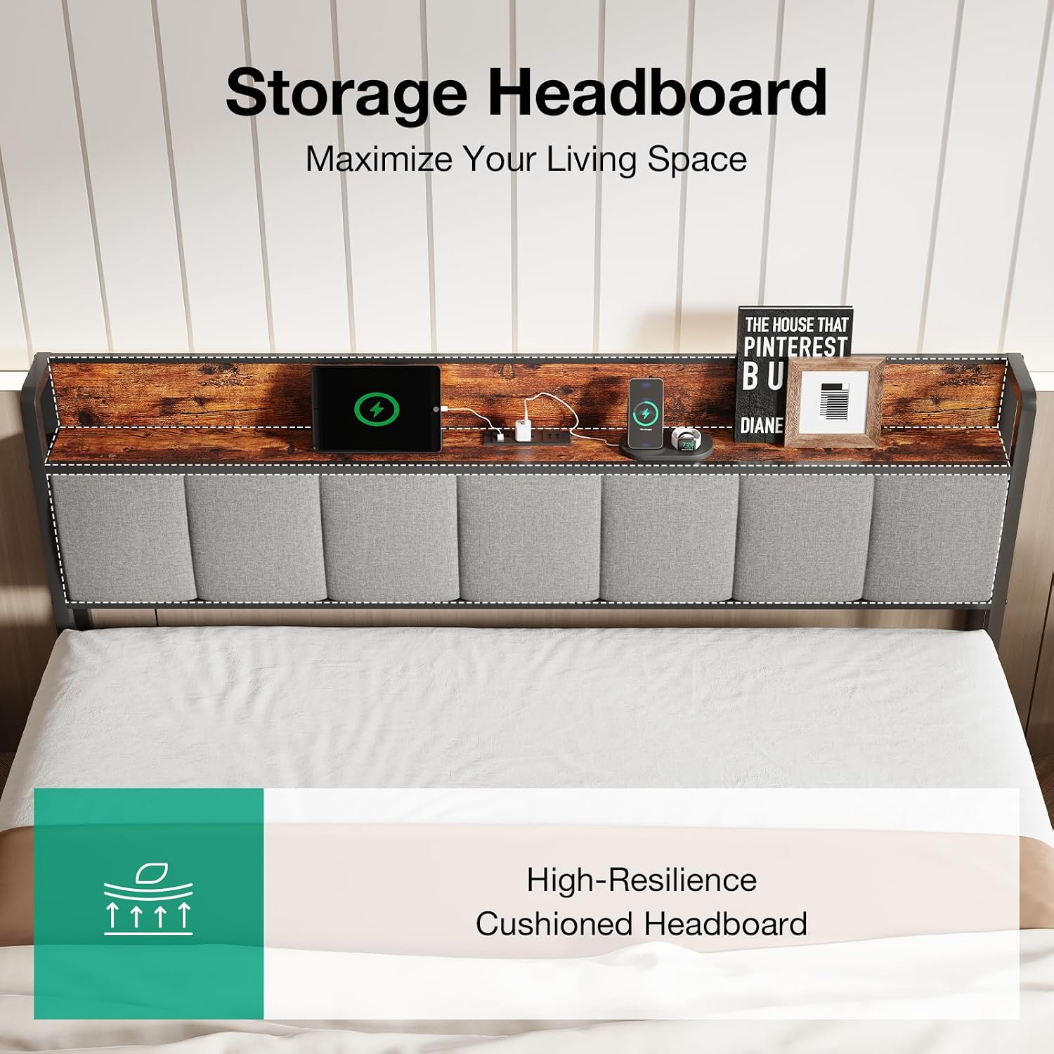 Novilla King Size Bed Frame with Charging Station USB/Type-C & Storage Headboard, Modern Metal Platform Bed Frame, Easy Assembly, Heavy Duty Slats Support, Noise Free, No Box Spring Needed