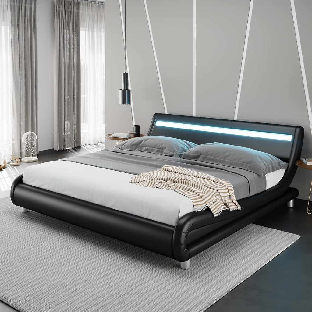 Keyluv Upholstered Queen LED Bed Frame with Headboard, Modern Low Profile Platform Bed with Strong Slats Support, Faux Leather Wave-Like Bed Frame, Easy Assembly, No Box Spring Needed, Black