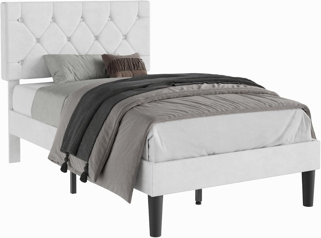 VECELO Twin Size Bed Frame with Diamond Tufted Headboard, Upholstered Platform Bedframe with Wood Slat Support, No Box Spring Needed, Velvet & White