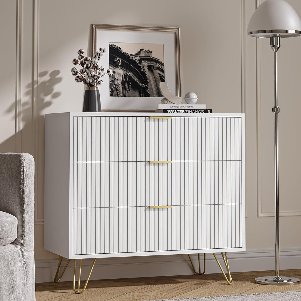 MAISONARIA 3-Piece Dresser Bedroom Set, 6 Drawer Dresser & 3 Drawer Dresser with Gold Handles, Fluted Wood Chest of Drawers for Bedroom, Living Room, Entryway, White