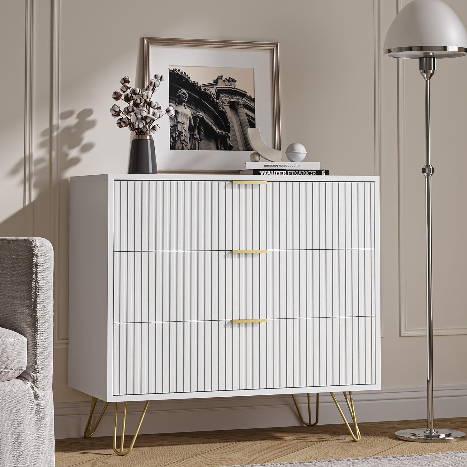 MAISONARIA 3-Piece Dresser Bedroom Set, 6 Drawer Dresser & 3 Drawer Dresser with Gold Handles, Fluted Wood Chest of Drawers for Bedroom, Living Room, Entryway, White
