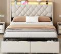 Full Bed Frame with Storage Drawers, LED Bed Frame with Charging Station, Velvet Button Tufted Upholstered Headboard, Wood Slats Support Noise-Free, No Box Spring Needed, Beige