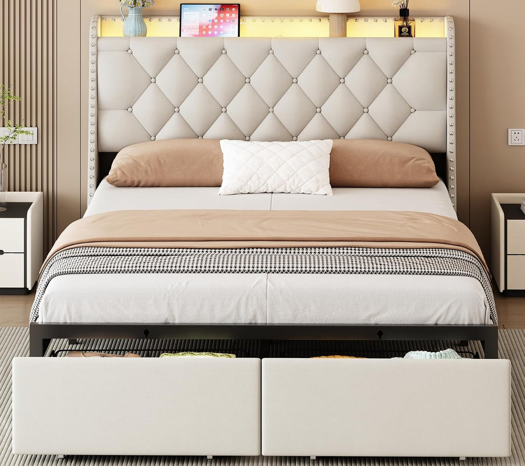 Queen Bed Frame with Storage Drawers, LED Bed Frame with Charging Station, Velvet Button Tufted Upholstered Headboard, Wood Slats Support Noise-Free, No Box Spring Needed, Beige