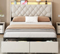 Queen Bed Frame with Storage Drawers, LED Bed Frame with Charging Station, Velvet Button Tufted Upholstered Headboard, Wood Slats Support Noise-Free, No Box Spring Needed, Beige