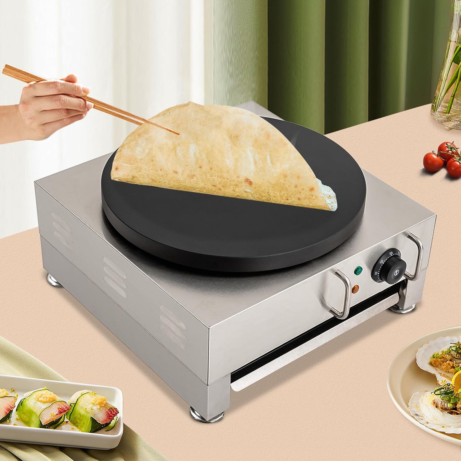 16 Inch Commercial Crepe Maker 2200W Electric Pancake Maker with Nonstick Round Crepe Hotplate Griddle Machine Adjustable Temperature for Blintzes, Eggs, Tortilla