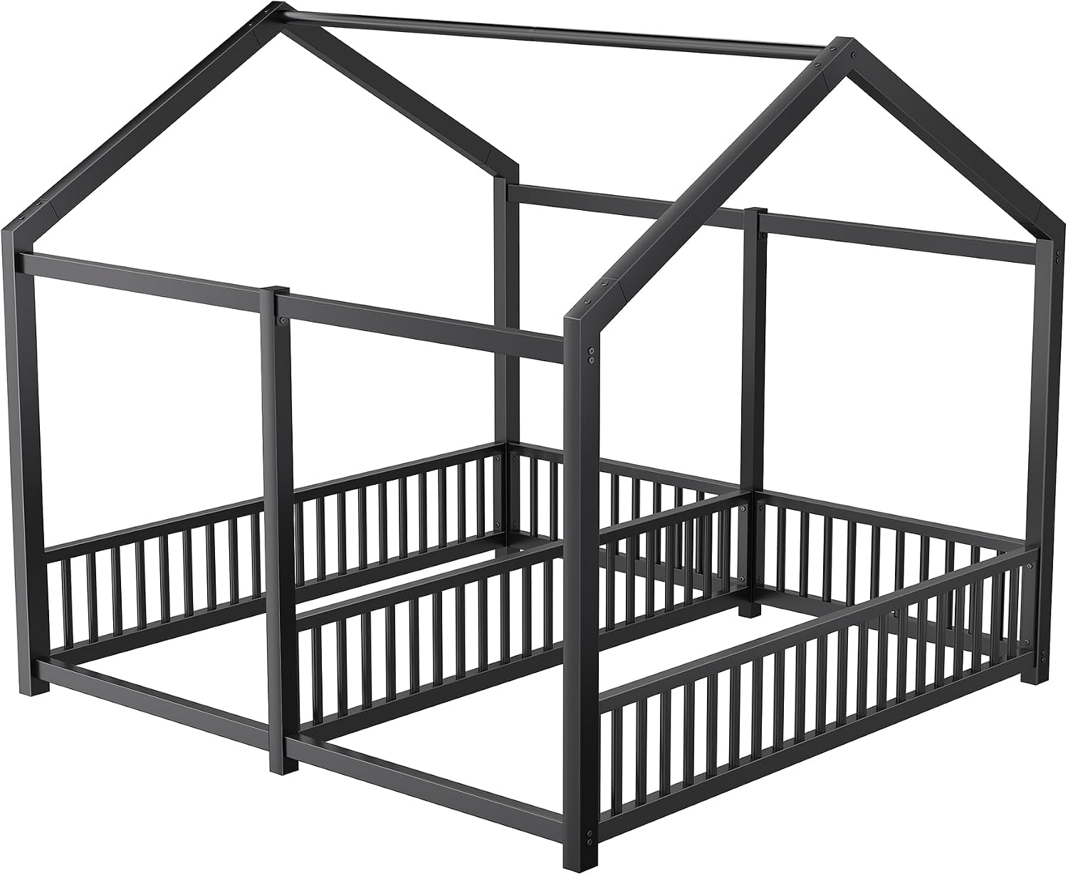 PVWIIK Double Montessori Floor Bed with Fence & Roof,Easy Assemble Bed Frame for Two Kids Teens Boys Girls,Twin Floor Bed, Black