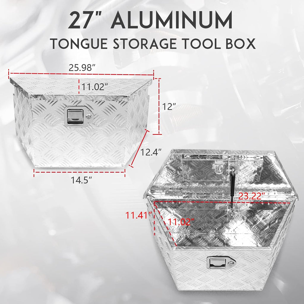 27' x 13' x 13' Trailer Tongue Tool Box with Latch and Keys Heavy Duty Aluminum Trailer Toolbox Organizer Truck Underbody Box Compatible with Pick Up Truck Bed RV Trailer ATV Silver