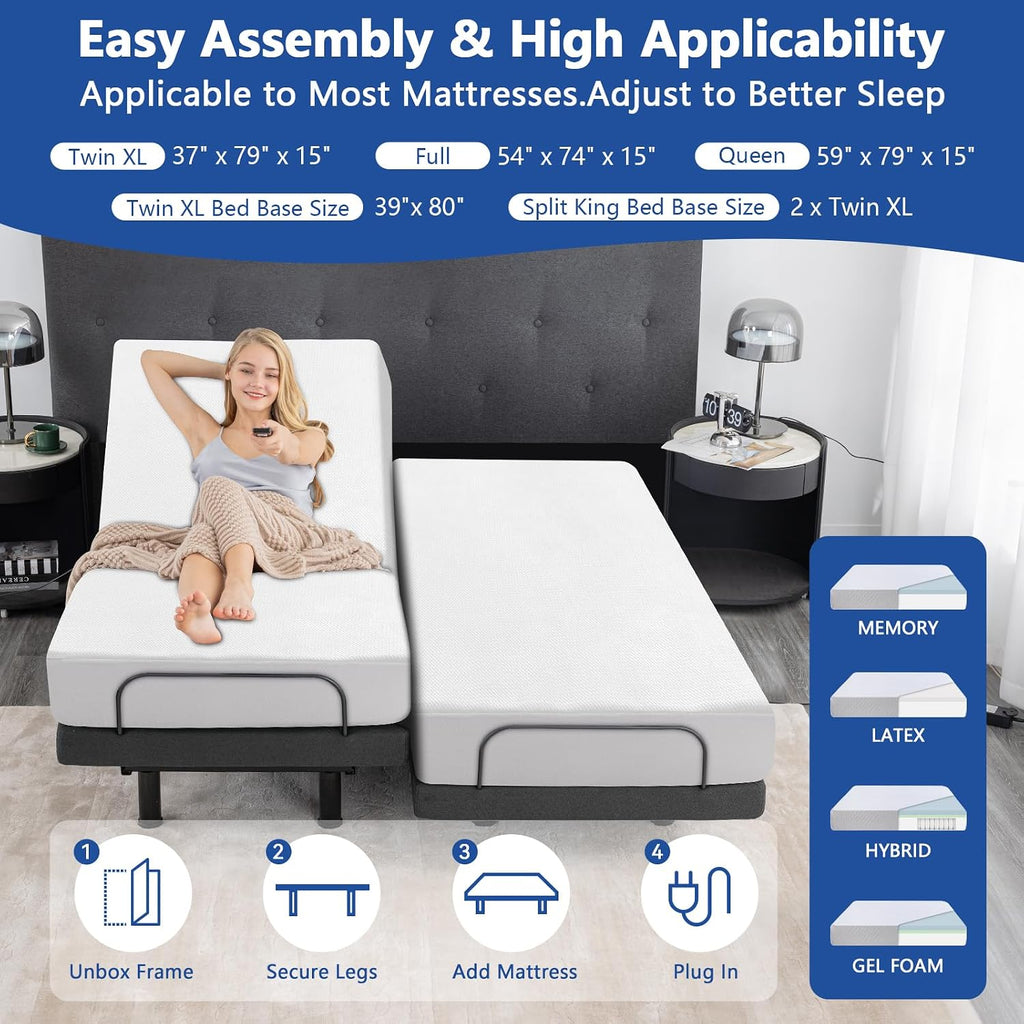 Queen Size Adjustable Bed Frame,8 Inch Gel Memory Foam Mattress, Adjustable Bed Base with Adjustable leg height,Separate Head/Foot Lift, Anti-Snore/Zero Gravity,Easy Assembly,Smart Electric Beds
