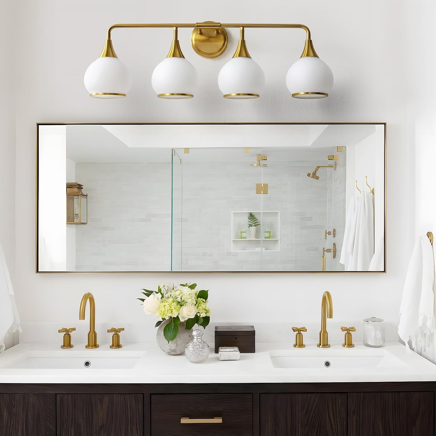 Brass Gold Bathroom Light Fixtures 4-ights Vanity Lights with Milky White Frosted Glass Shade Bathroom Vanity Light 30.7 inch Wall Sconce Lighting Bath(Exclude E26 Bulb)
