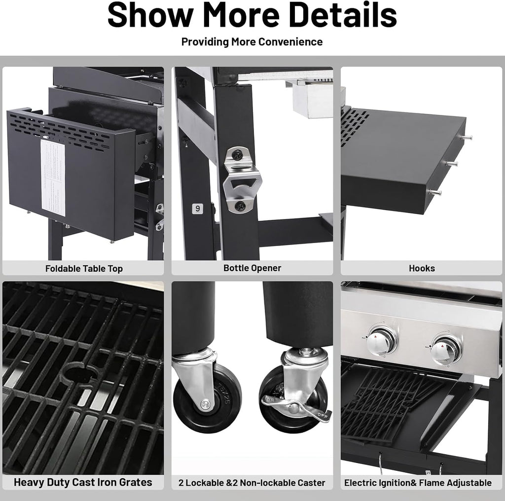 2-in-1 Propane Griddle Grill Combo 38200 BTU, 4-Burner Propane Gas Grill with 2 Foldable Side Tables for Outdoor Cooking Camping Patio Backyard (Grill + Griddle)
