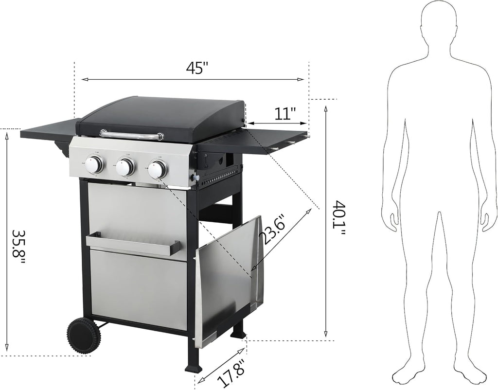 3-Burner Propane Gas BBQ Grill with SS Plancha, 36,900BTU Output with Hanging Basket, Barbecue Grill with Fixed Side Shelf, Foldable Side Tables, Wire Enamel Cooking Grids for Outdoor Backyard Party