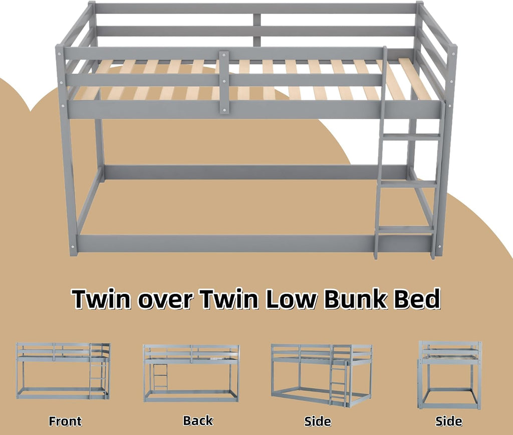 Low Bunk Bed Twin Over Twin, Solid Wood Floor Bunk Bed Frame with Ladder & Safety Guardrails, Twin Bunk Beds for Kids Boys and Girls, Saving Space, No Box Spring Needed, Gray