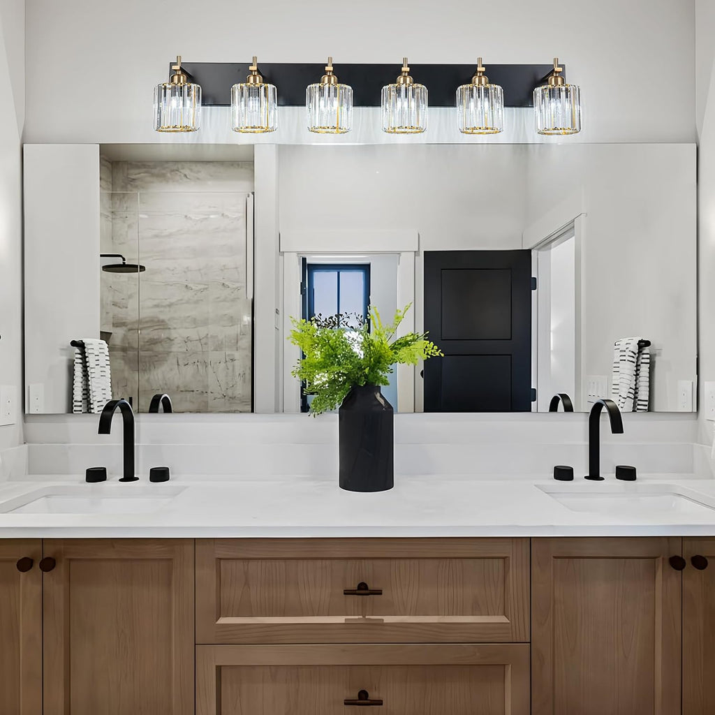 6-Light Crystal Bathroom Vanity Light, Modern Black Gold Bathroom Light Fixtures Over Mirror Crystal Wall Lighting with Polished Gold Finish